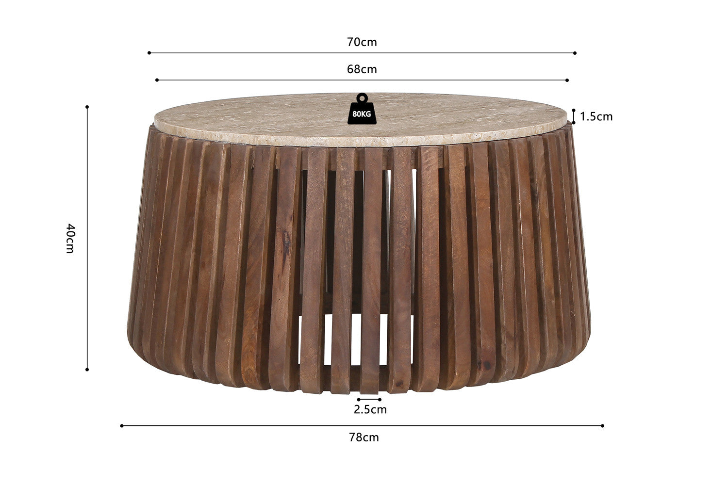 Coffee table 'Luuk' 70 cm Round Mango wood with Travertine Beige
