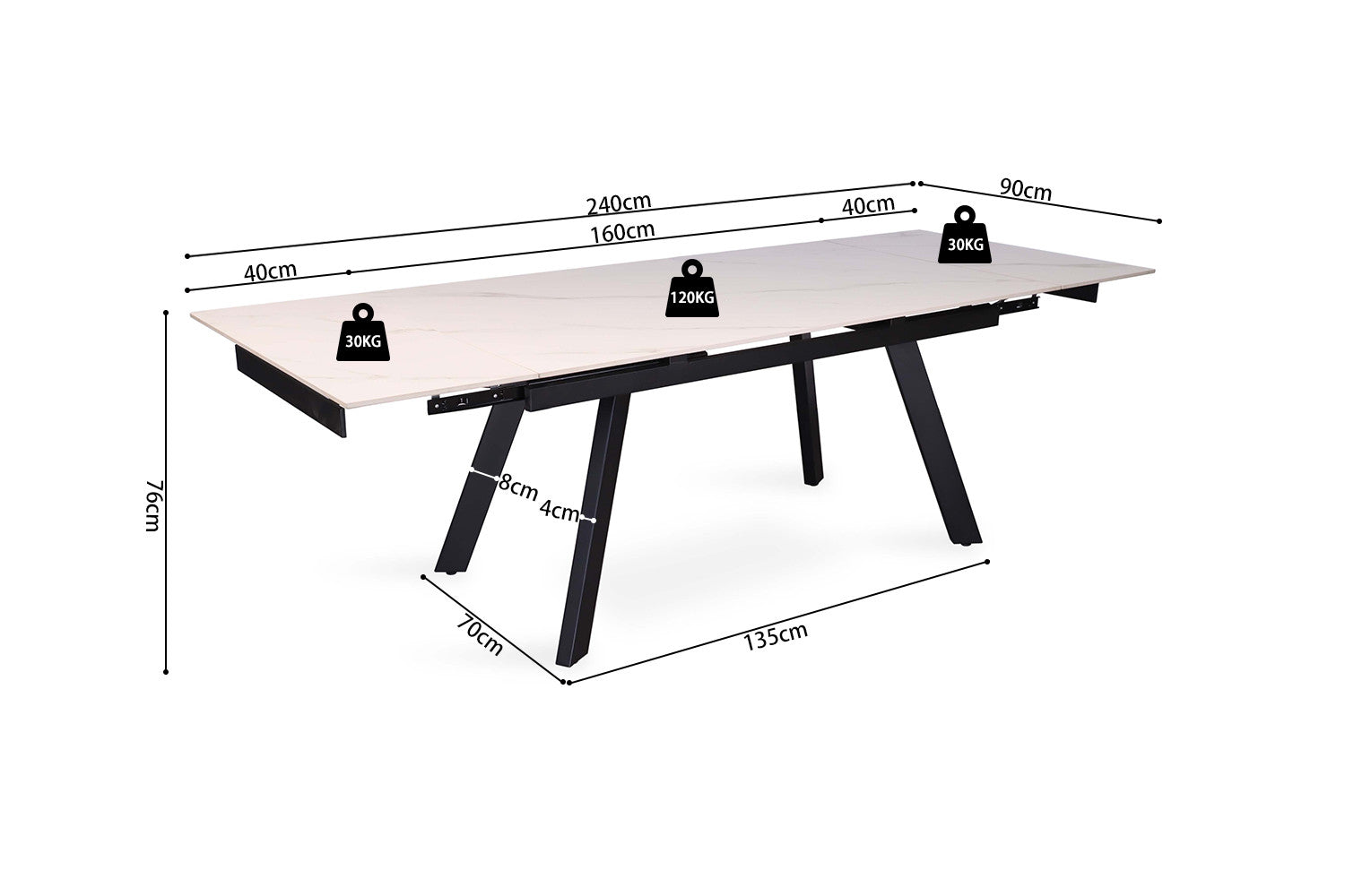 Extendable table 'Hera' 160-240 cm Rectangular Stone White
