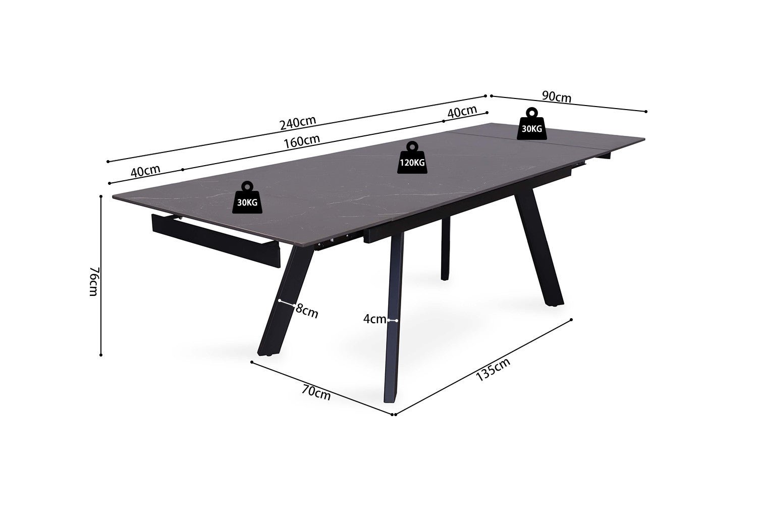 Extendable table 'Hera' 160-240 cm Rectangular Stone Black