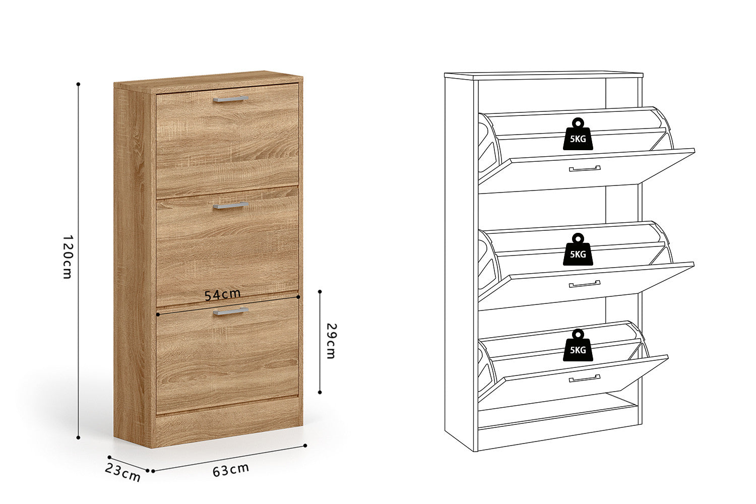 Shoe cabinet 'Carini' 3 drawers Sonoma