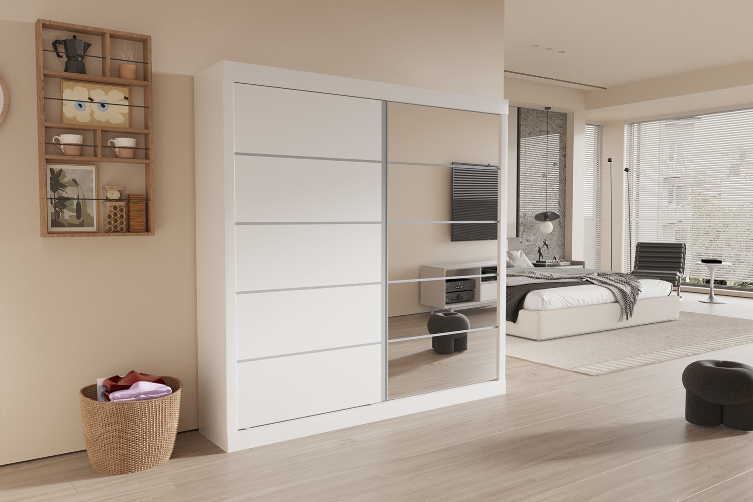 Wardrobe 'Mike' 2 sliding doors, 1 mirrored door White