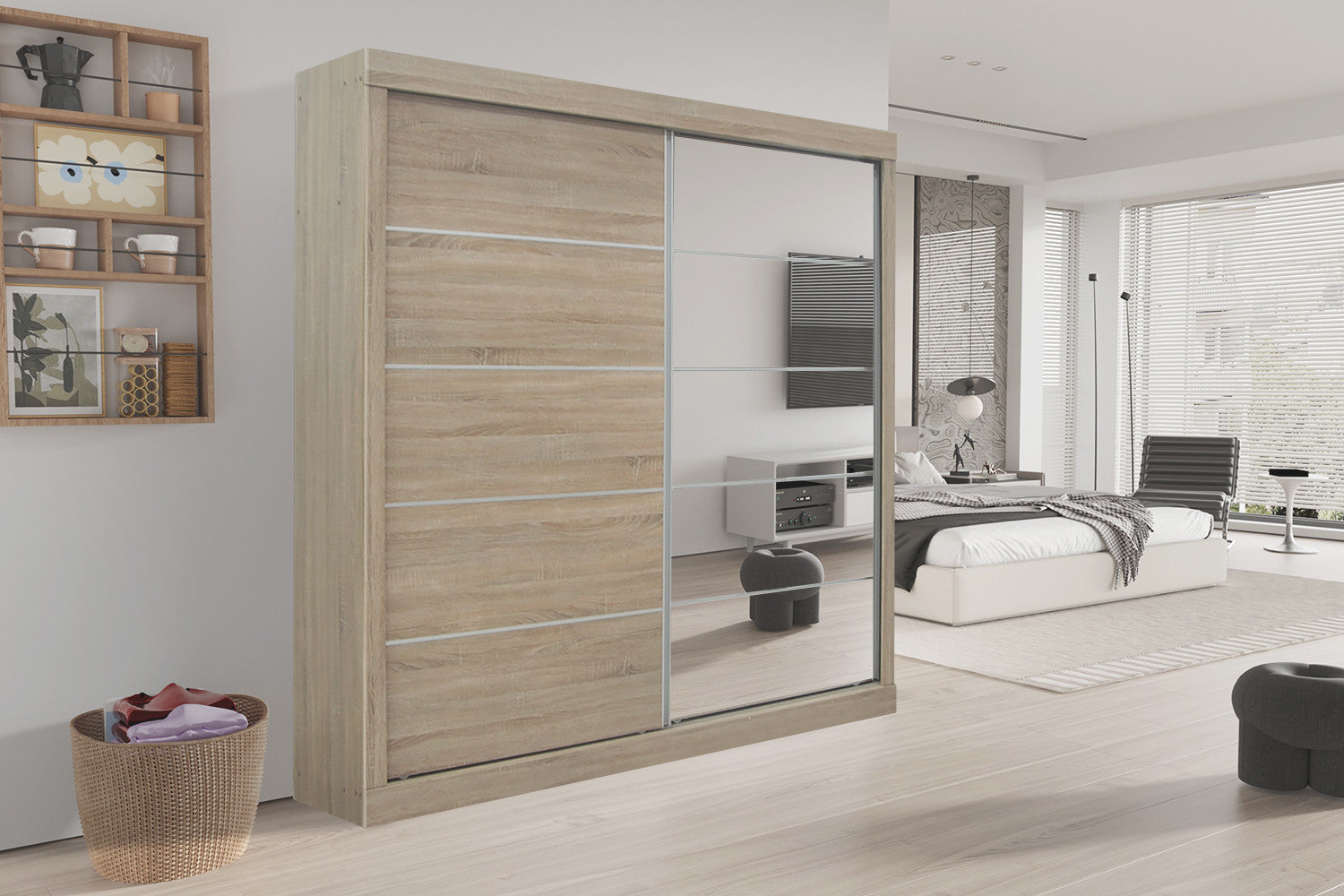 Wardrobe 'Mike' 2 sliding doors, 1 mirrored door Sonoma