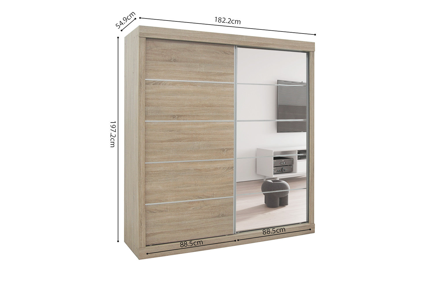 Wardrobe 'Mike' 2 sliding doors, 1 mirrored door Sonoma
