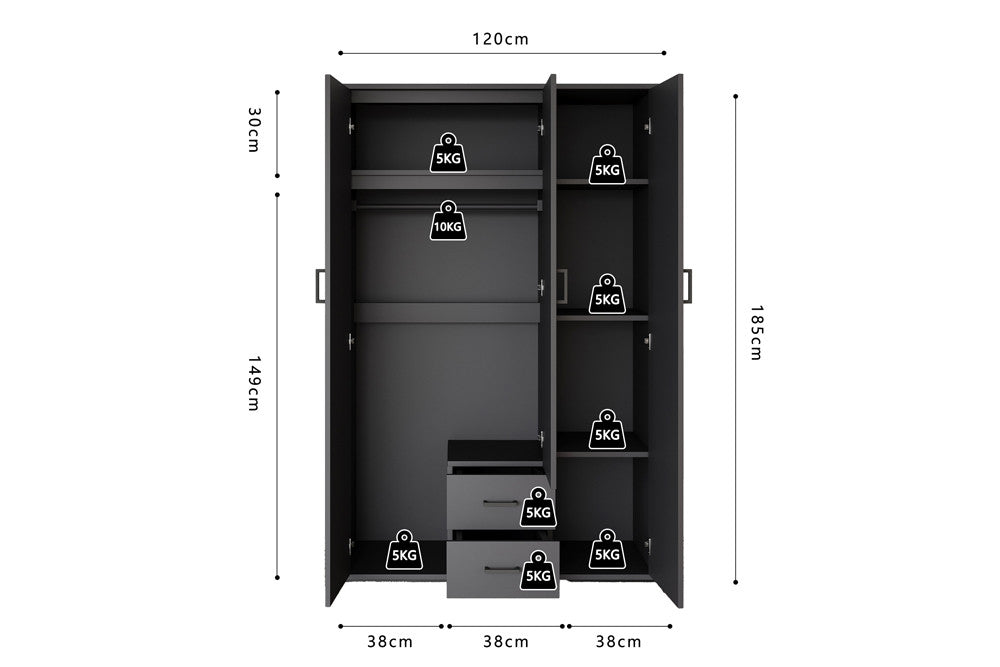 Wardrobe 'Marc' 3 doors with mirror Dark gray