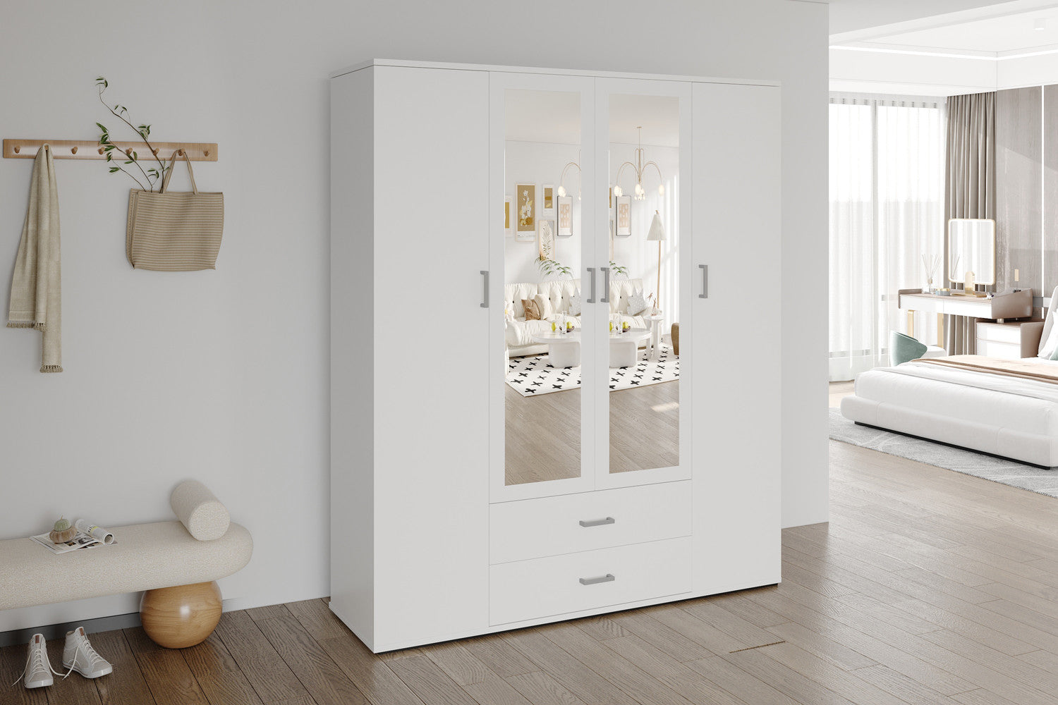 Wardrobe 'Marc' 4 doors with 2 mirrors White