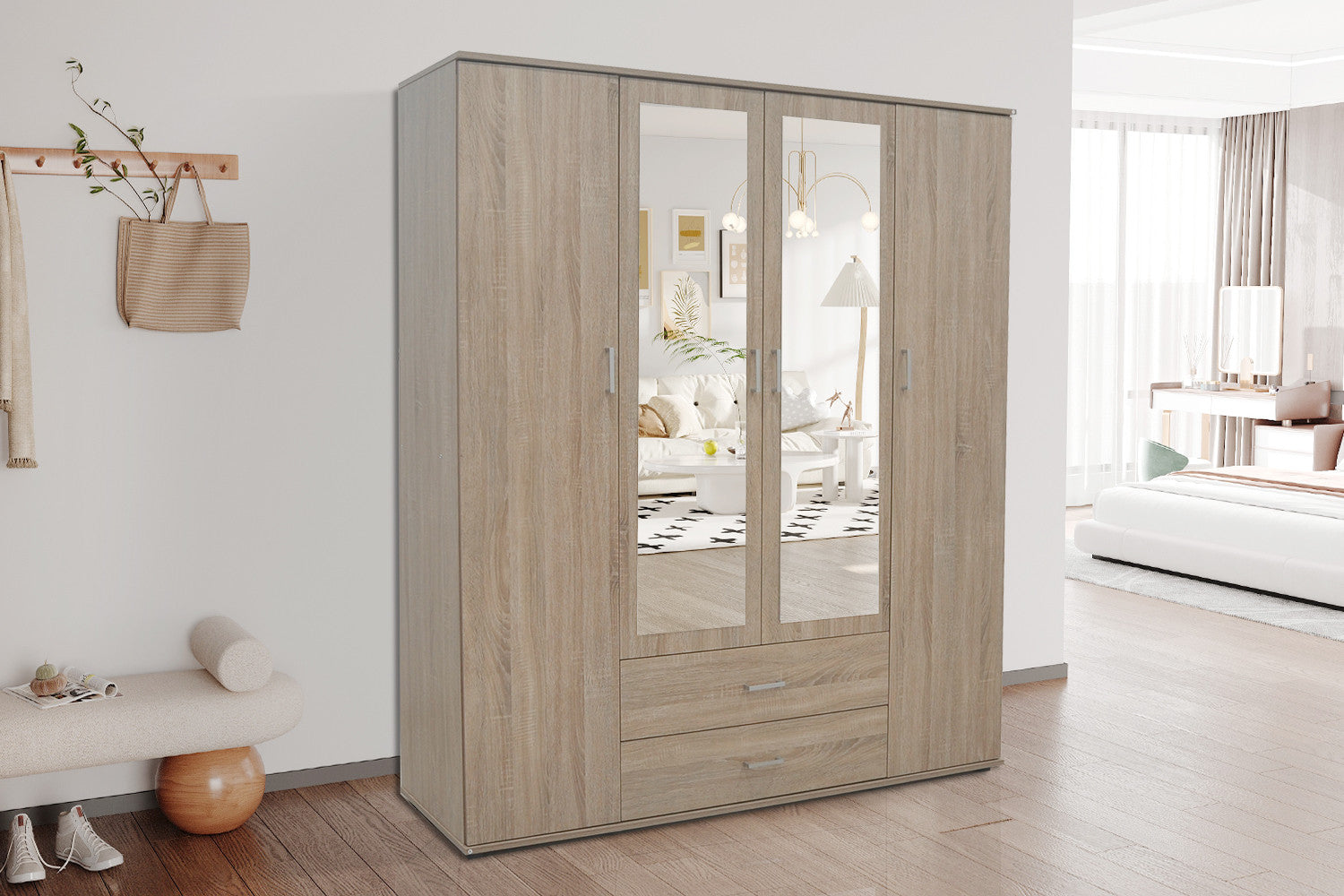 Wardrobe 'Marc' 4 doors with 2 mirrors Sonoma
