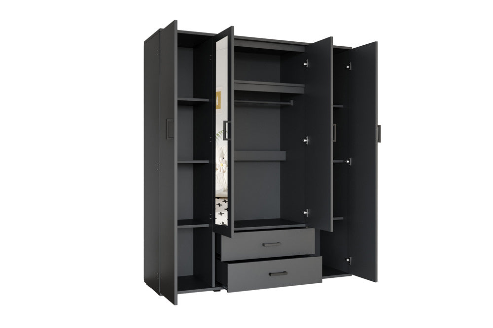 Wardrobe 'Marc' 4 doors with 2 mirrors Dark gray