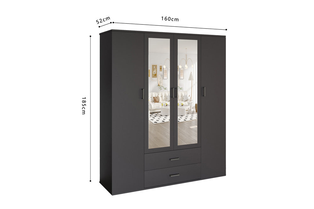Wardrobe 'Marc' 4 doors with 2 mirrors Dark gray