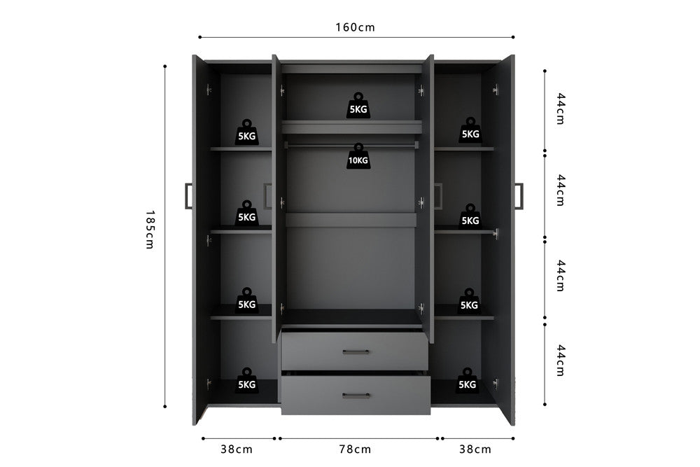 Wardrobe 'Marc' 4 doors with 2 mirrors Dark gray
