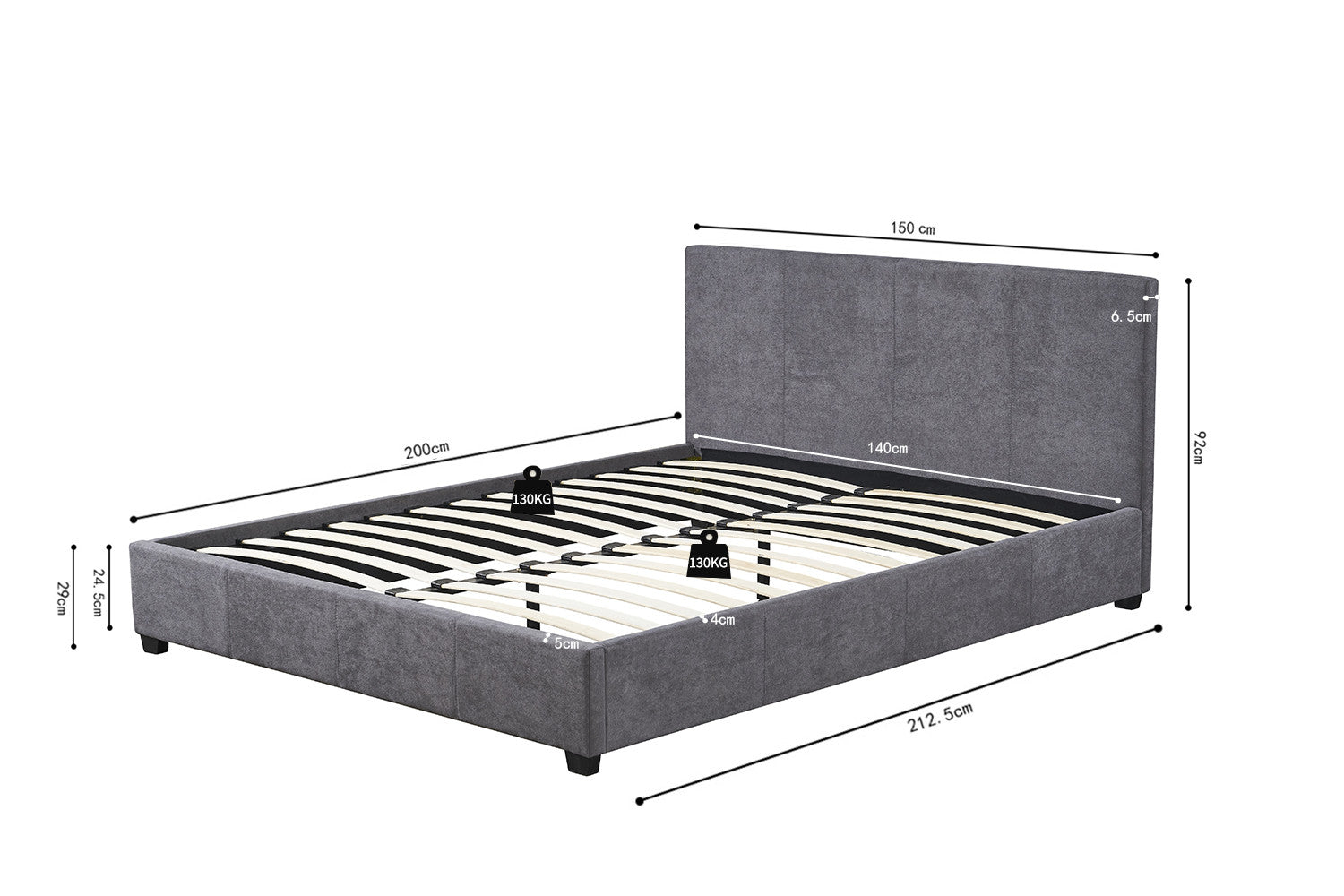 Bed 'Roma' 140x200 with slatted base Fabric Gray