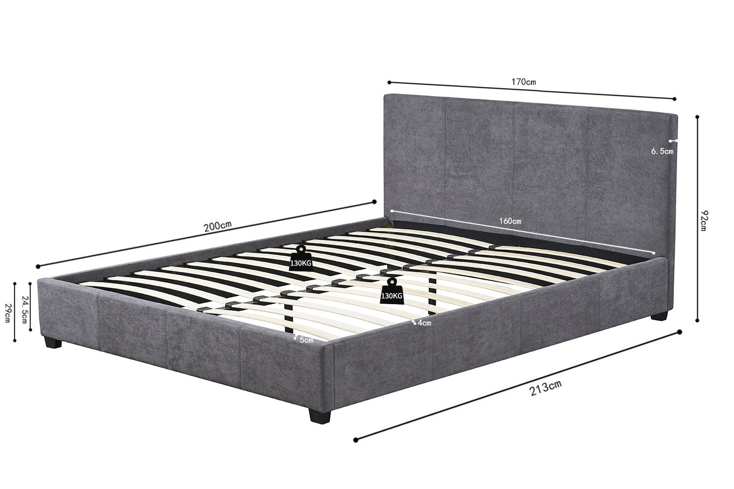 Bed 'Roma' 160x200 with slatted base Fabric Gray