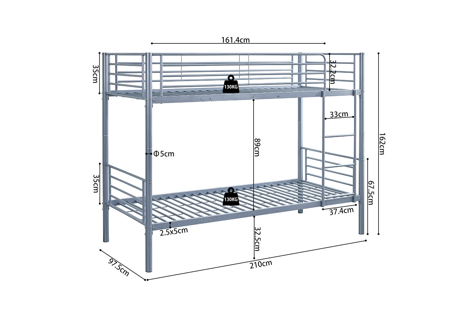 Bunk bed 'Sammy' 90x200 Splittable Metal Light Gray